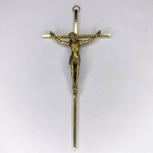Vtg Cross Crucifix INRI Metal Minimalist Wall Hanging Gold Religious Jesus MCM